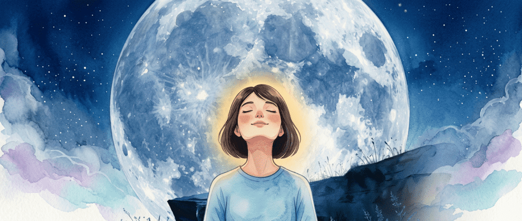 manifest with the moon - Illustration of a young woman standing outdoors at night, eyes closed and smiling, with a large full moon and starry sky in the background.