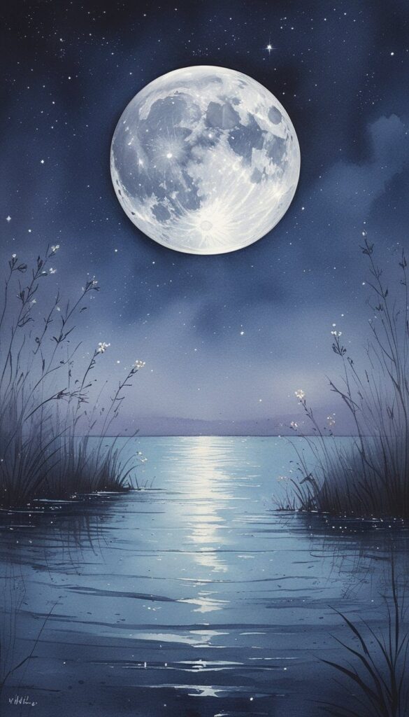 A full moon shines brightly over a calm lake at night, perfect for those looking to manifest with moon water, as its reflection shimmers on the surface near grasses and small flowers under the starry sky.