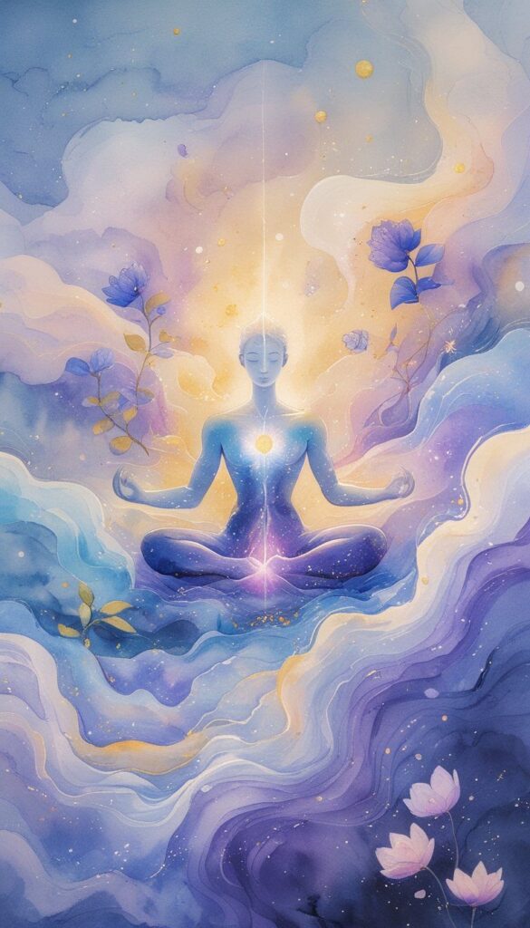A person meditating in a lotus position is surrounded by ethereal light, flowers, and swirling colors, illustrating how to manifest through energy with a glowing line connecting their body to the sky.