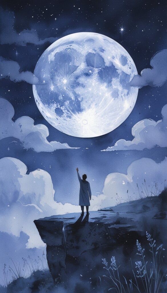 A person stands on a cliff at night, reaching up toward a large, bright full moon in a starry sky with scattered clouds, hoping to manifest with the moon’s energy.