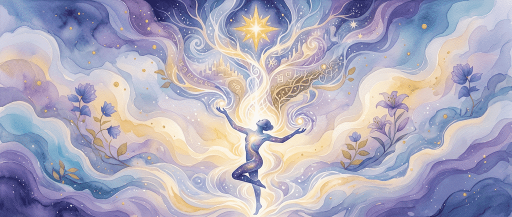 A figure stands with arms raised amid swirling lights and patterns, with a glowing star above and flowers on either side, in a dreamy, mystical landscape, representing How To Manifest Through Energy.