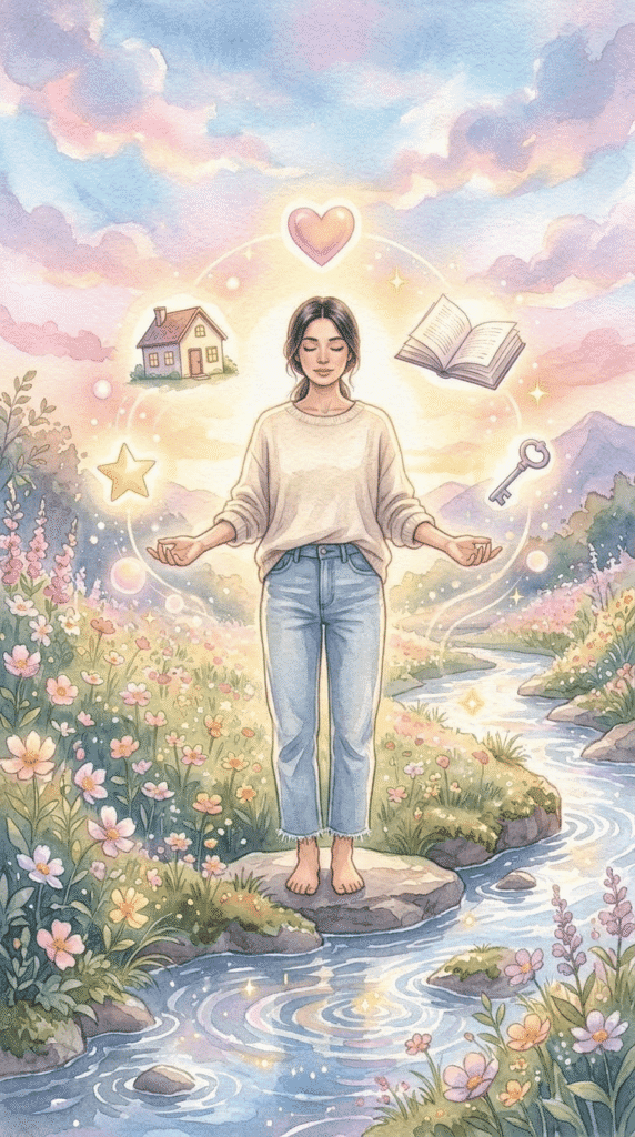 A woman stands barefoot on rocks in a flower-filled landscape, eyes closed, with floating icons of a house, heart, book, star, and key around her. In relation toHow To Manifest What You Want