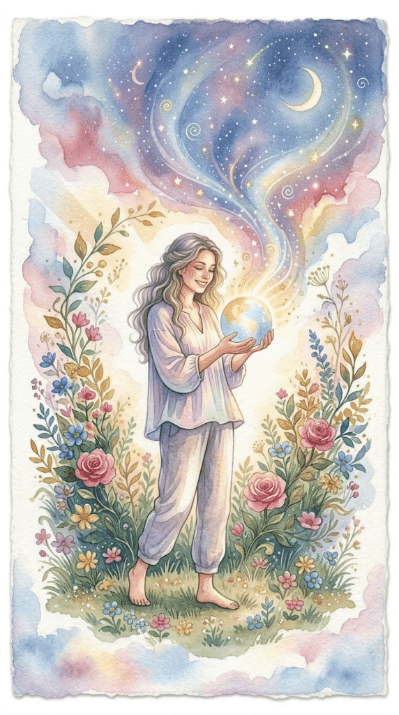 A woman standing barefoot in a flower garden holds a glowing orb, with swirling stars, moon, and colorful clouds above her in a whimsical, dreamlike watercolor scene. In relation to How To Manifest What You Want 