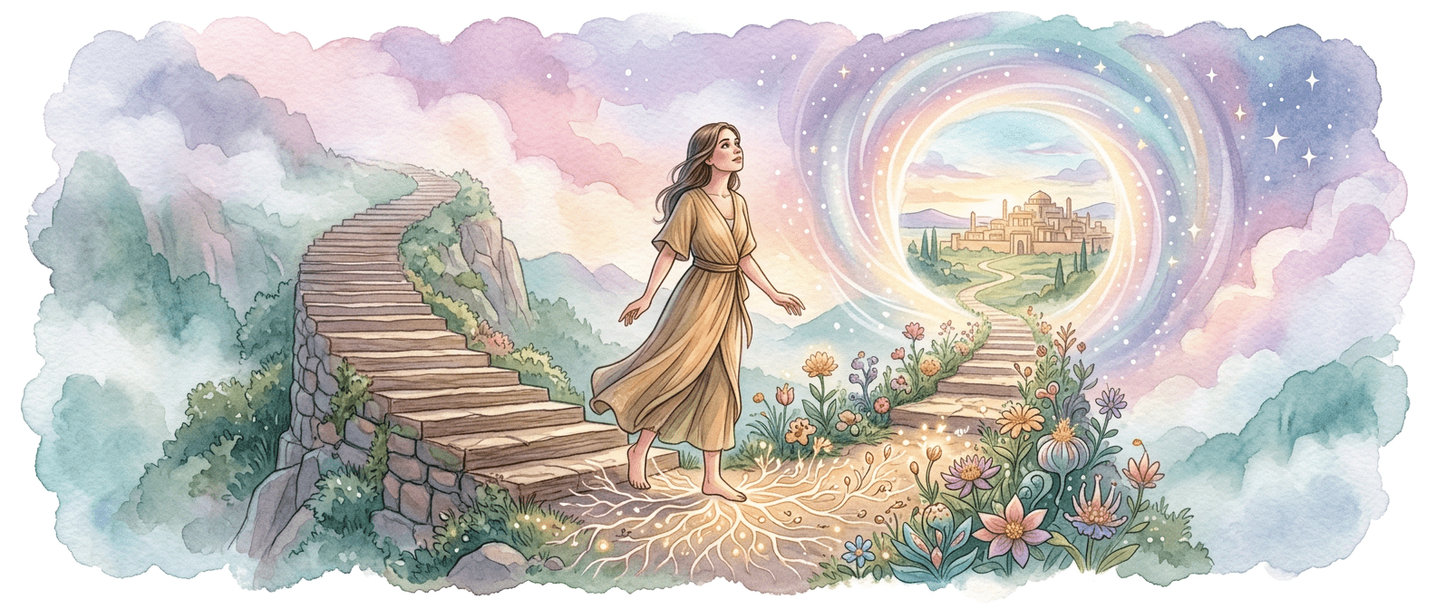 A woman in a flowing dress stands on a flower-lined path, facing a glowing portal leading to a distant city, with a stone staircase winding through misty mountains behind her.