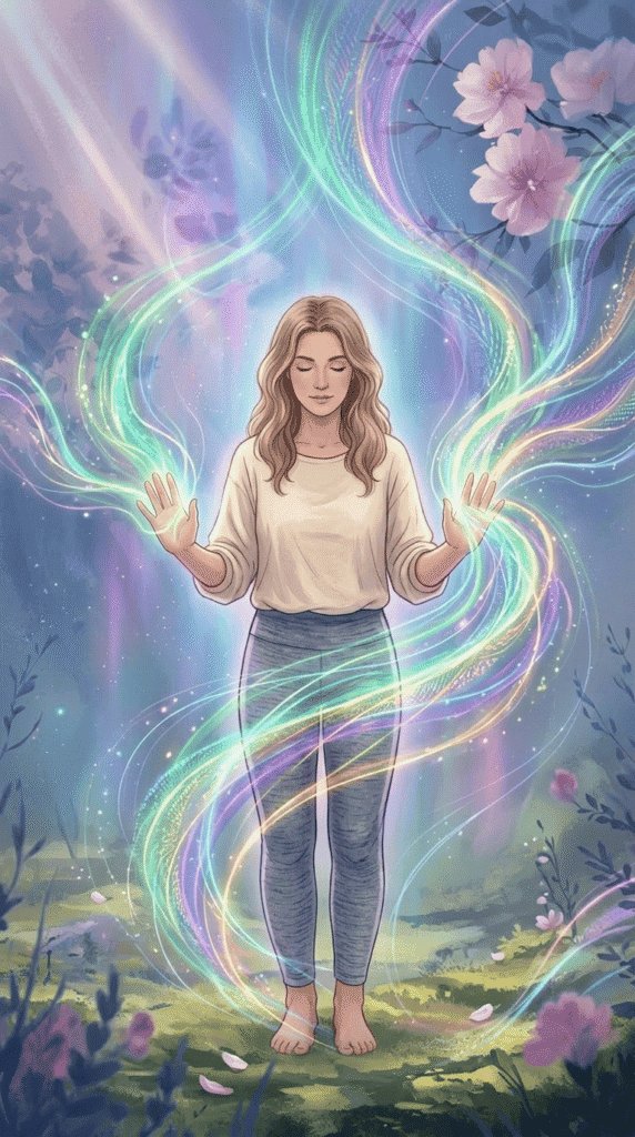 A woman stands barefoot in a forest, eyes closed, with colorful, glowing energy streams swirling around her hands and body amid soft light and flowers in relation to how to manifest with Reiki