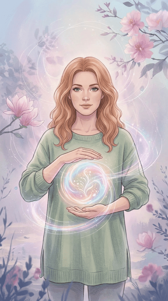 A woman with wavy blonde hair stands in a garden holding a glowing, swirling orb of light between her hands, surrounded by pink flowers and soft, magical energy.