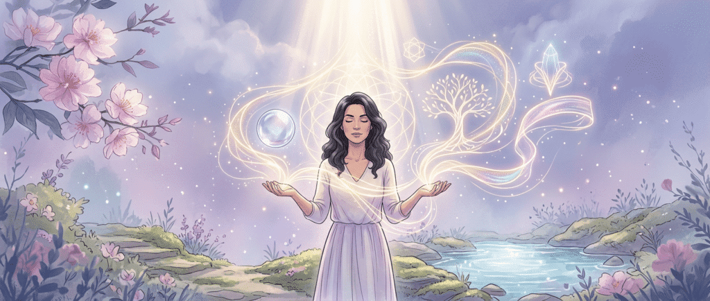 A woman in a white dress stands outdoors with eyes closed, surrounded by glowing symbols and light trails, with flowers, trees, and a stream in the background.