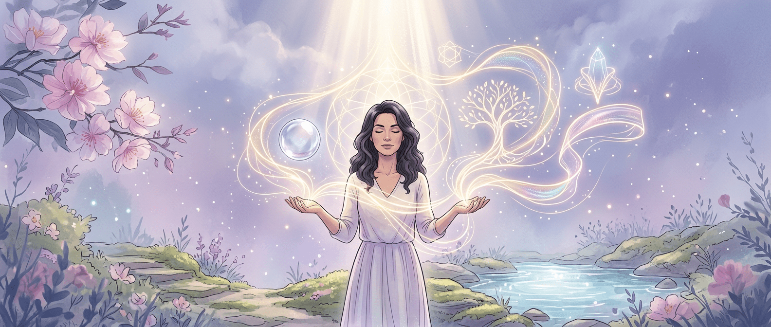 A woman in a white dress stands outdoors with eyes closed, surrounded by glowing symbols and light trails, with flowers, trees, and a stream in the background.