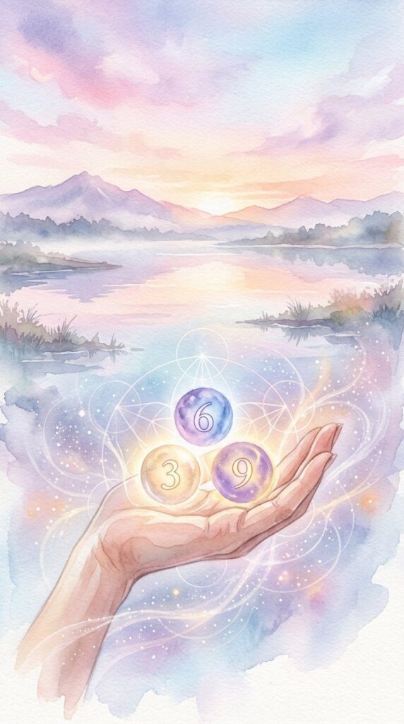 A hand holds three glowing orbs with the numbers 3, 6, and 9, symbolizing the 369 manifestation method, set against a mystical lakeside landscape at sunset with swirling light patterns.