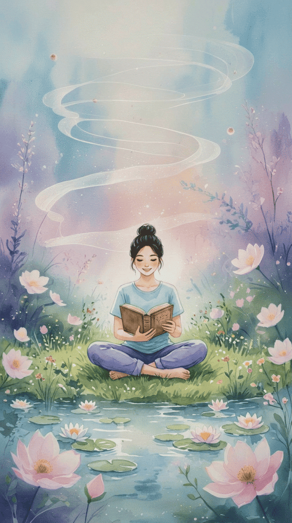 A person sits cross-legged meditating on water surrounded by flowers, with swirling light and pastel colors creating a calm, serene atmosphere—an inspiring scene for learning how to manifest with words.