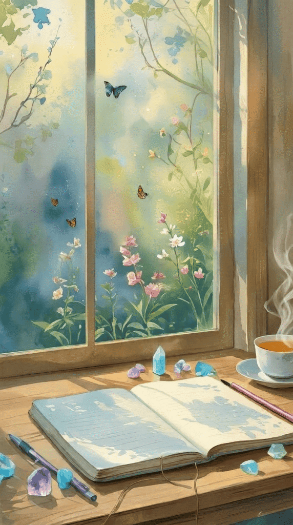 An open notebook, pens, crystals, and a steaming cup of tea sit on a sunlit windowsill. Flowers, butterflies, and greenery inspire quiet moments of reflection and learning how to manifest with words.
