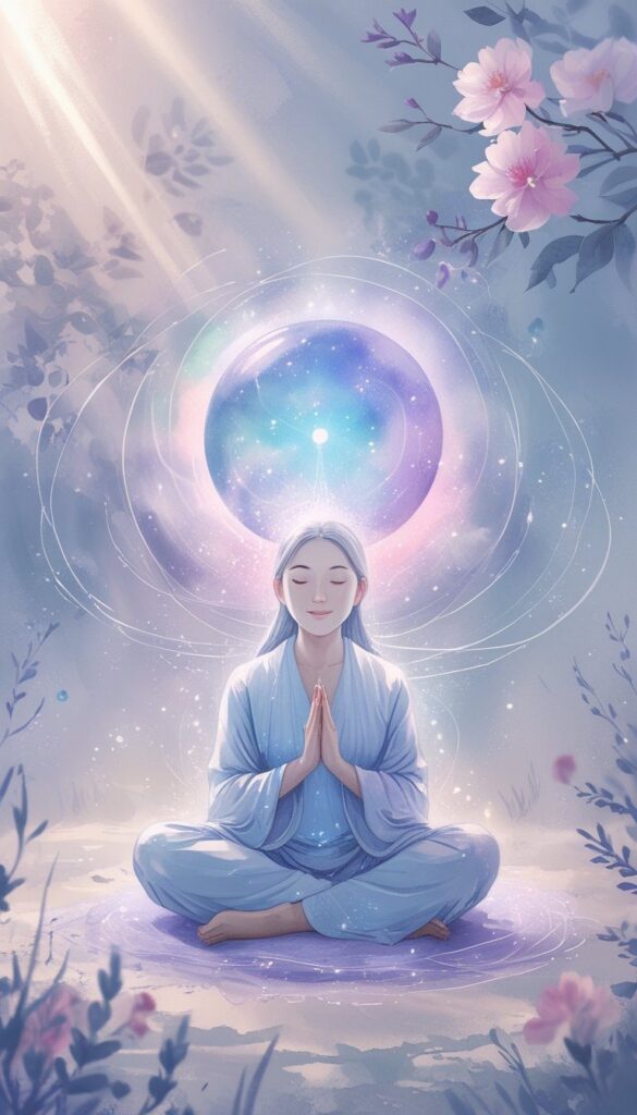 A person in blue robes sits cross-legged with hands in prayer, surrounded by glowing orbs and flowers, manifesting with Reiki energy in a serene, ethereal setting.