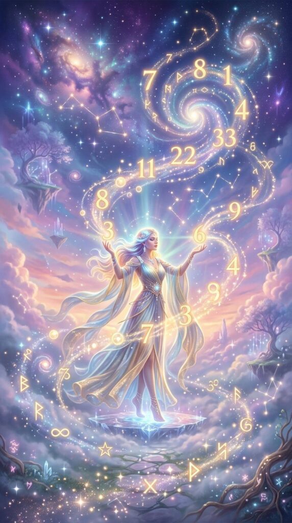 A mystical woman in flowing robes stands among clouds, surrounded by glowing numbers, symbols, and swirling galaxies—a celestial, dreamlike landscape that hints at secrets of how to manifest with numbers.