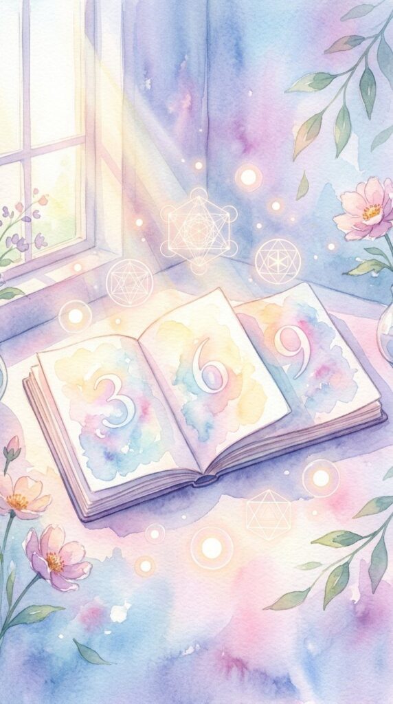 An open book with watercolor pages showing the numbers 3, 6, and 9—central to the 369 manifestation method—is surrounded by glowing geometric symbols, flowers, and sunlight streaming through a window.