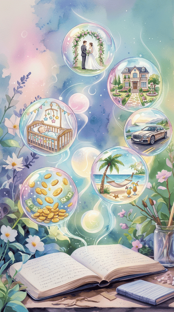 An open book with glowing orbs rising above it, surrounded by blooming flowers and a notebook with a pencil on a colorful, dreamy background—perfectly capturing how to manifest with words.