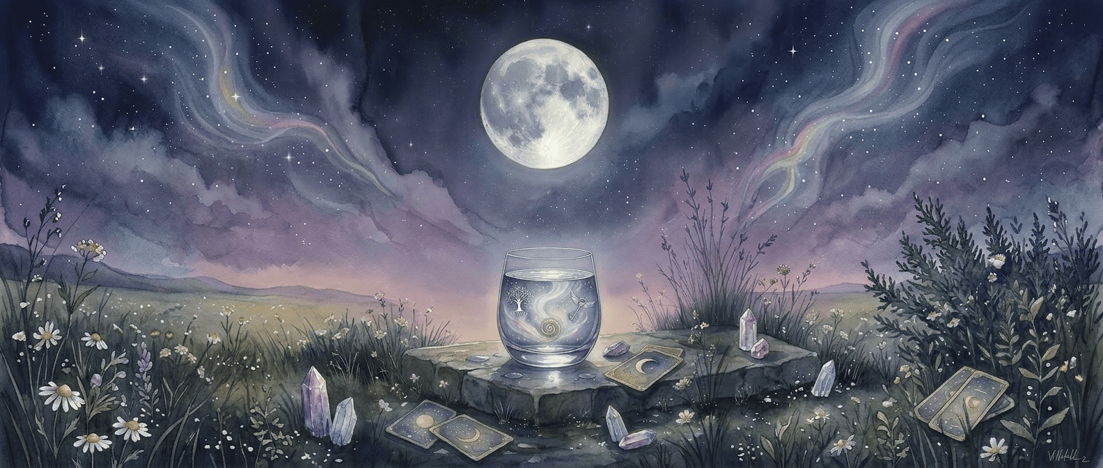 A glass of water sits on a stone surrounded by tarot cards and crystals under a full moon in a starry night sky, with wildflowers and grass in the background, representing manifest with moon water