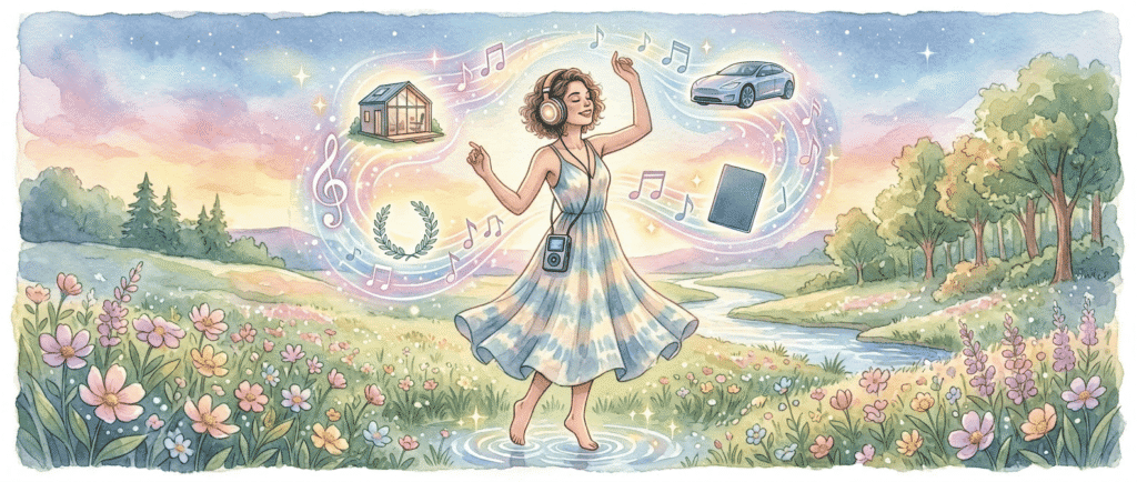 A woman in a dress stands in a flower-filled meadow, listening to music on headphones, with icons of a house, car, passport, and laurel wreath floating around her.