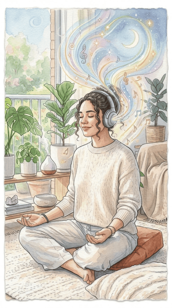 A woman sits cross-legged on a cushion, wearing headphones and meditating. Colorful musical notes and swirls emerge from her headphones. The room has plants and soft natural light.