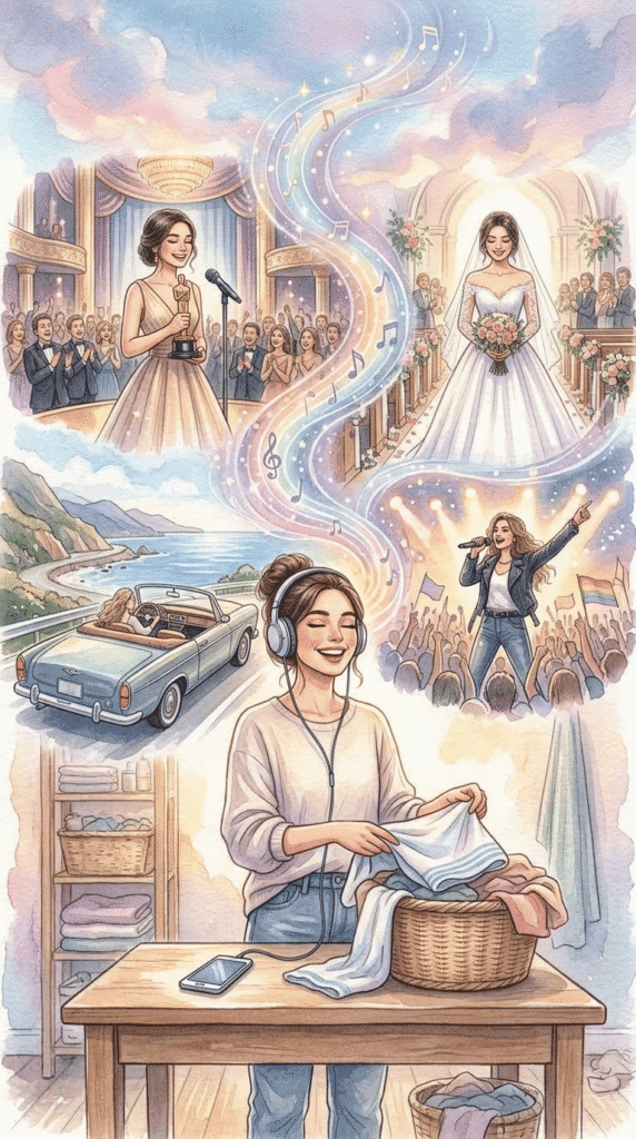 A woman folds laundry while listening to music, daydreaming about winning an award, getting married, driving a convertible, and performing on stage.