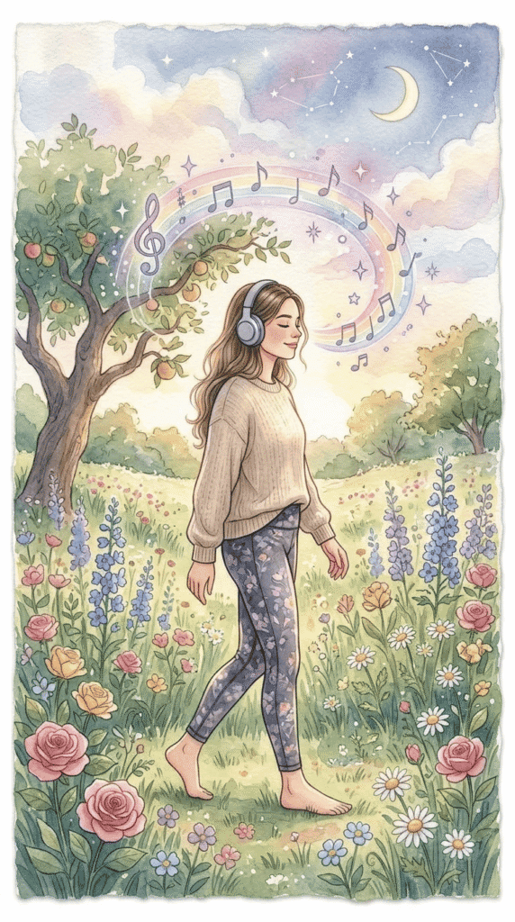 A woman wearing headphones walks barefoot through a flower-filled meadow, with musical notes swirling above her under a crescent moon and pastel sky.
