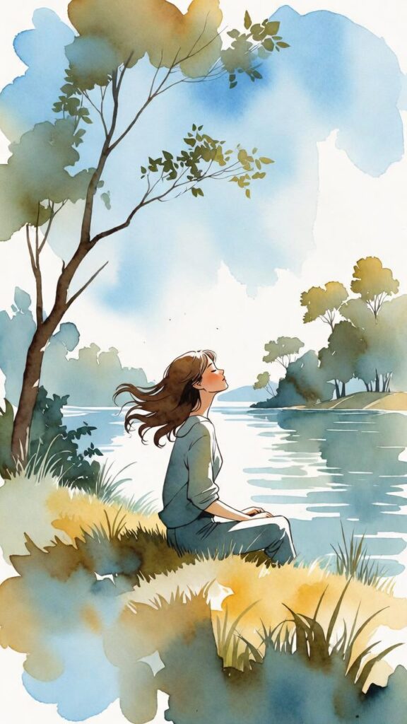 Illustration of a woman sitting by a riverbank, gazing upward, surrounded by trees and grass under a partly cloudy sky.