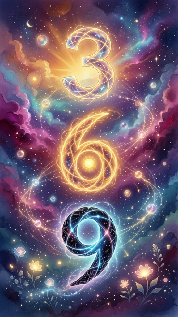 Illustration of the numbers 3, 6, and 9 glowing in a colorful cosmic sky with stars, flowers, and swirling light patterns.