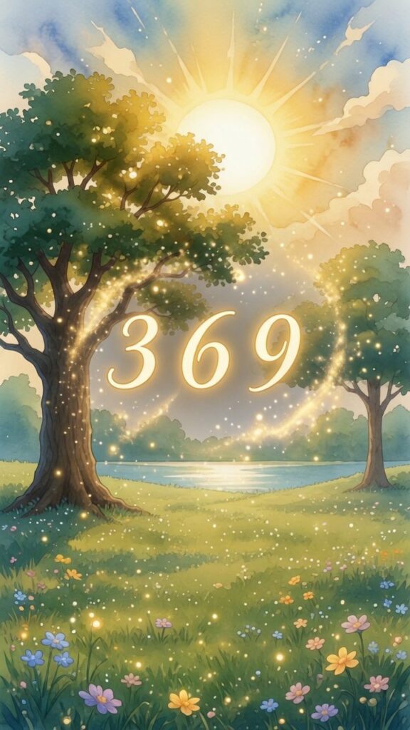 Sunlit meadow with trees, flowers, and a river. The number 369 appears in glowing text, surrounded by a sparkling ring beneath a bright sky.
