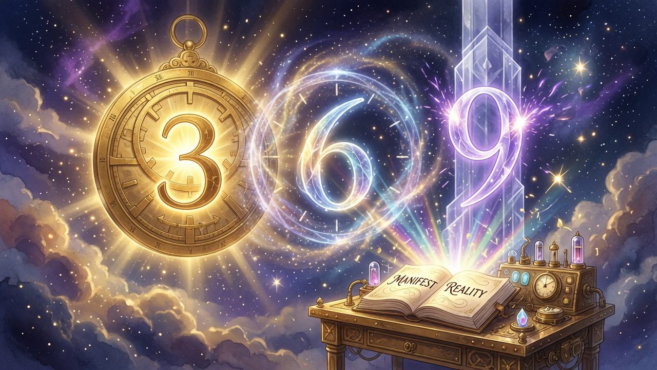 A glowing pocket watch, swirling numbers 3, 6, and 9, an open book titled "Manifest Reality," and alchemical tools float in a starry, cosmic sky.