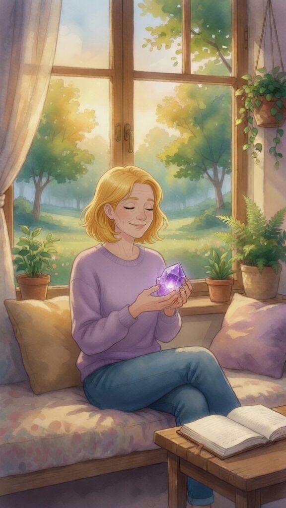 A woman sits by a window holding a glowing purple crystal, surrounded by potted plants, with an open book on the table and a garden view outside.