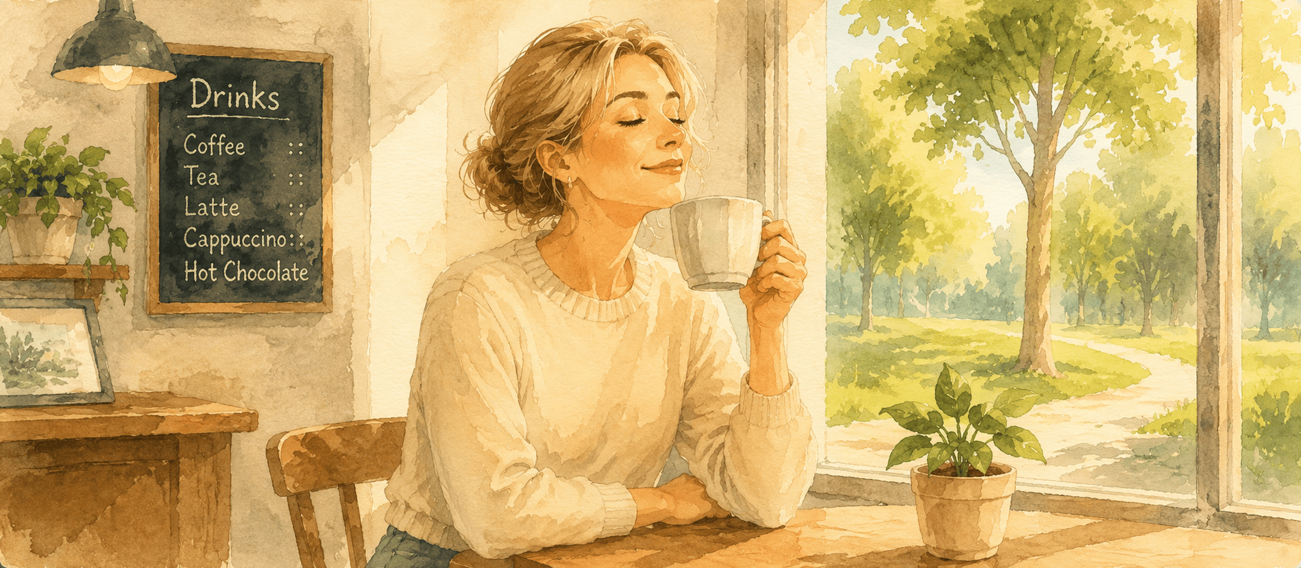 A woman sits at a cafe table by a window, enjoying a cup of coffee. Sunlight streams in, and a drinks menu is visible on the wall behind her. Trees can be seen outside.