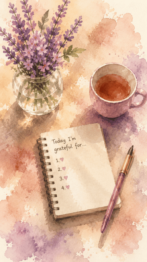 Watercolor-style image of a notepad labeled “Today I’m grateful for...” with a pen, a cup of tea, and a vase of purple flowers on a pastel background, , representing how to manifest with gratitude.