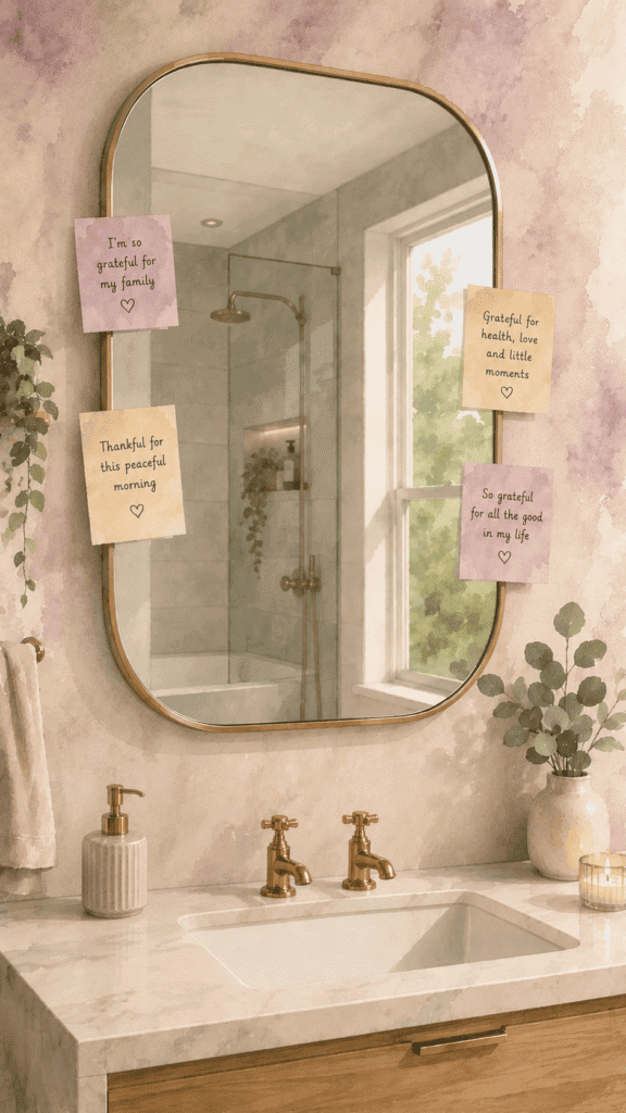A bathroom mirror with four colorful sticky notes expressing gratitude, above a sink with gold faucets and a marble counter decorated with plants and a striped vase.