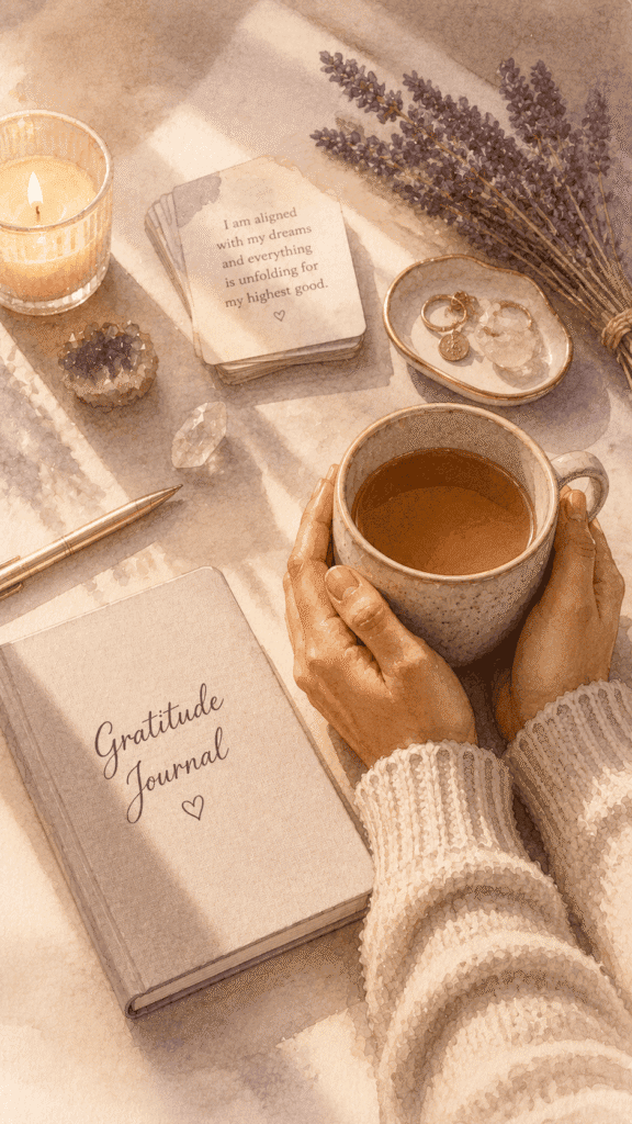 Hands holding a mug near a gratitude journal, candle, dried lavender, crystal, and affirmation cards on a sunlit table.