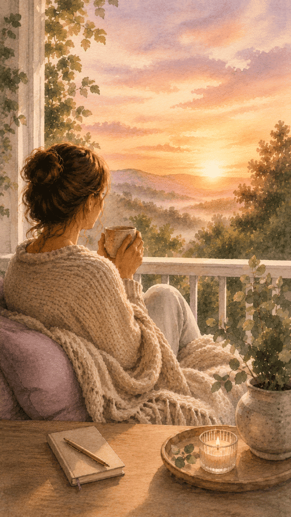 A woman wrapped in a blanket sits on a porch with a mug, looking at a sunset over hills. A notebook, pen, candle, and potted plant rest on a table nearby, , representing how to manifest with gratitude.