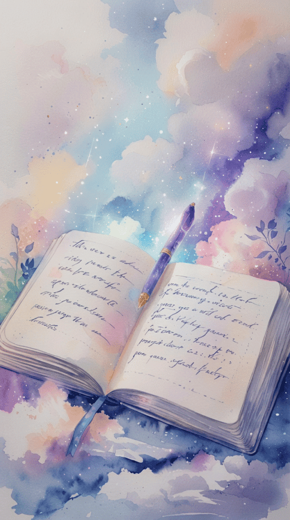 An open journal with handwritten notes on how to manifest by scripting and a pen rests on a surface, surrounded by dreamy pastel clouds and sparkles in a watercolor style representing how to Manifest By Scripting