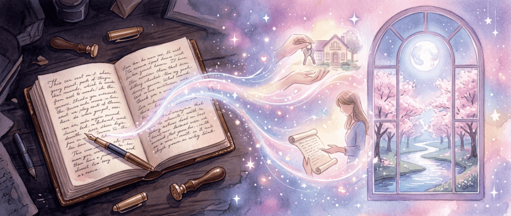 An open book on a desk emits magical light, with floating images of keys, a house, a contract, a woman, and a window showing a blossoming landscape under the moon representing How to Manifest By Scripting.