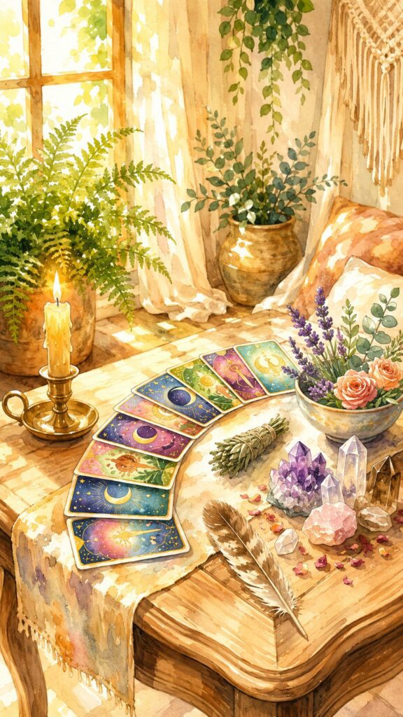 A table with tarot cards, crystals, sage, a feather, flowers, and a lit candle, set in a sunlit room with plants and a window, representing
