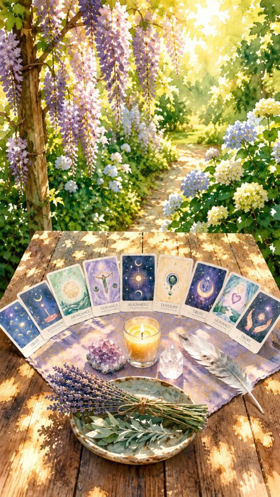 A spread of ten tarot cards on a wooden table outdoors, with a lit candle, dried herbs, and lavender. Wisteria and hydrangeas bloom in the background under sunlight, evoking an atmosphere perfect for learning how to manifest with cards.Vibrant soft watercolor-style digital illustration, gentle painterly brush strokes with slightly blended edges, luminous glowing sunlight filtering through trees creating bright dappled light patterns and soft highlights, bright optimistic color palette with rich greens, golden yellows and soft blues. Single woman shown in full body view, complete figure from head to feet clearly visible, wide composition focusing on one person. The woman rendered with soft expressive face, friendly warm smile, smooth gentle features, natural hair, comfortable casual clothing with soft folds. Highly detailed but dreamy rendering, peaceful uplifting atmosphere, lush natural outdoor setting with wildflowers and trees, professional emotional wellness art style --ar 16:9 --stylize 650 to represent how to manifest with cards