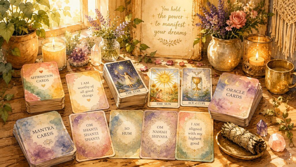 A table with candles, crystals, flowers, and various card decks including affirmation, mantra, and tarot cards, arranged near a sunny window with a motivational sign in the background.