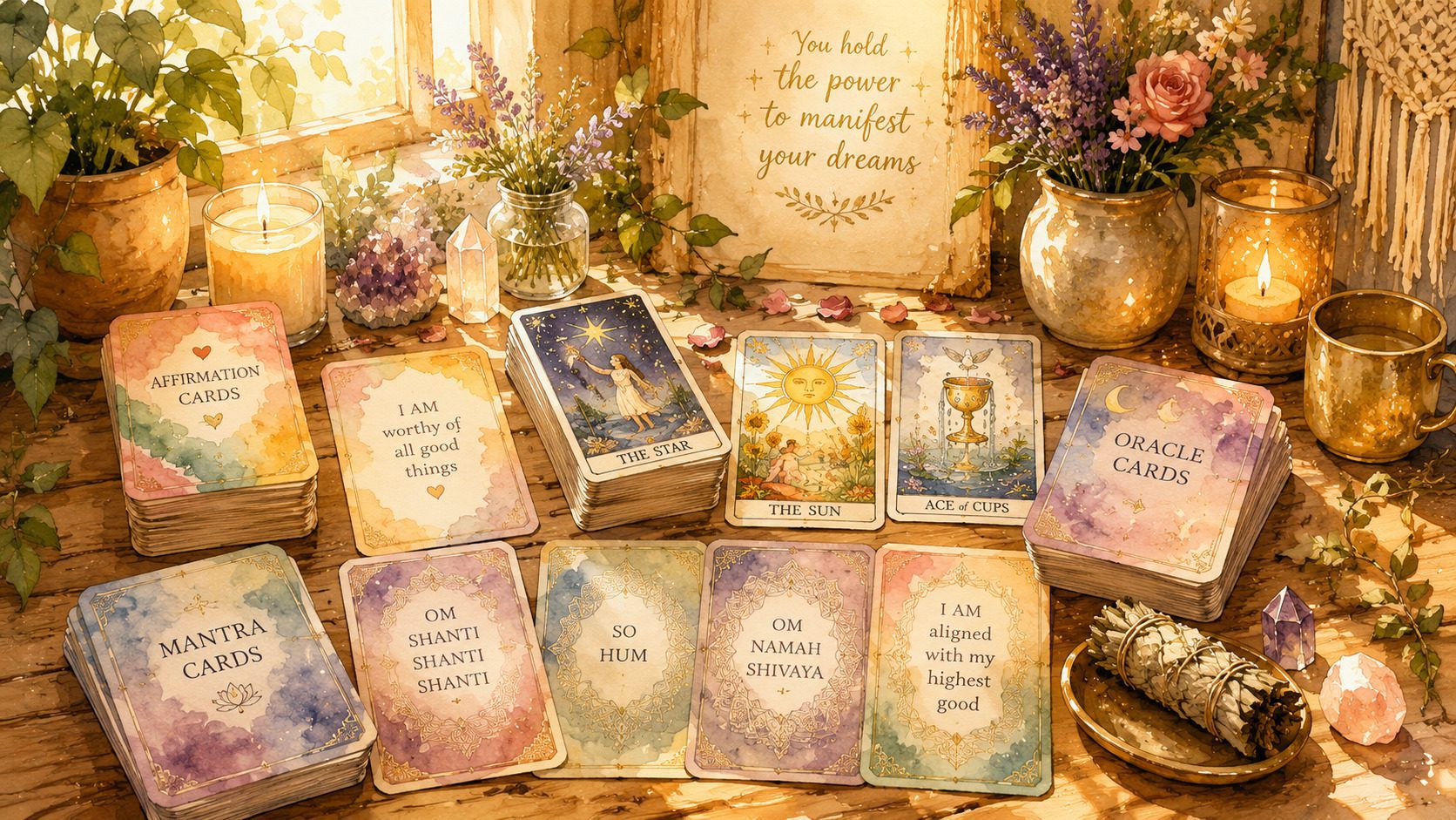 A table with candles, crystals, flowers, and various card decks including affirmation, mantra, and tarot cards, arranged near a sunny window with a motivational sign in the background.
