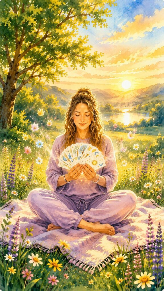 A woman sits cross-legged on a blanket outdoors at sunset, holding a fan of tarot cards, surrounded by flowers and trees, with sunlit hills and a lake in the background.