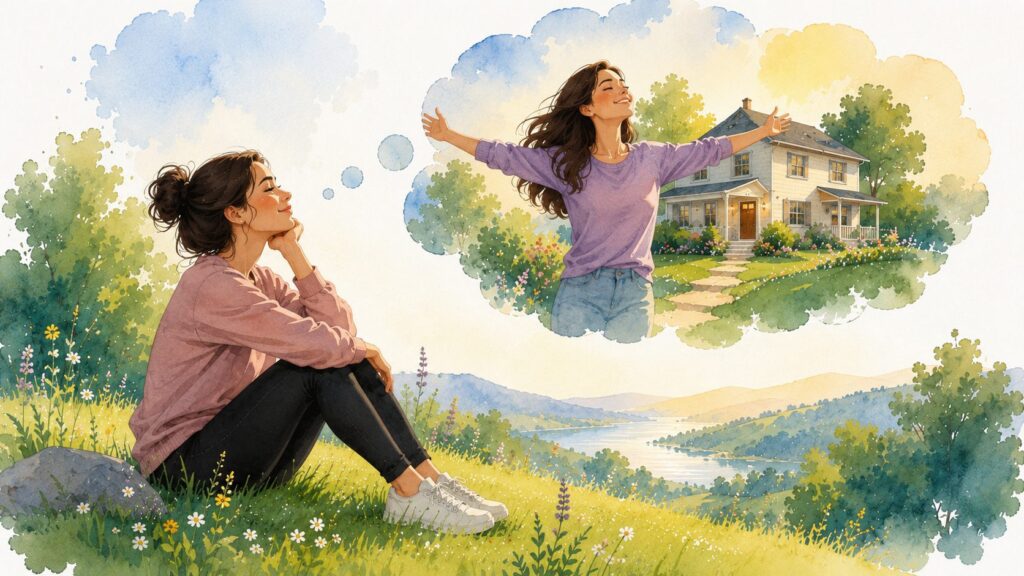 A woman sits on grass, thinking happily about owning a house, pictured in a thought bubble with her standing outside the home, arms outstretched representing How to manifest with the law of assumption