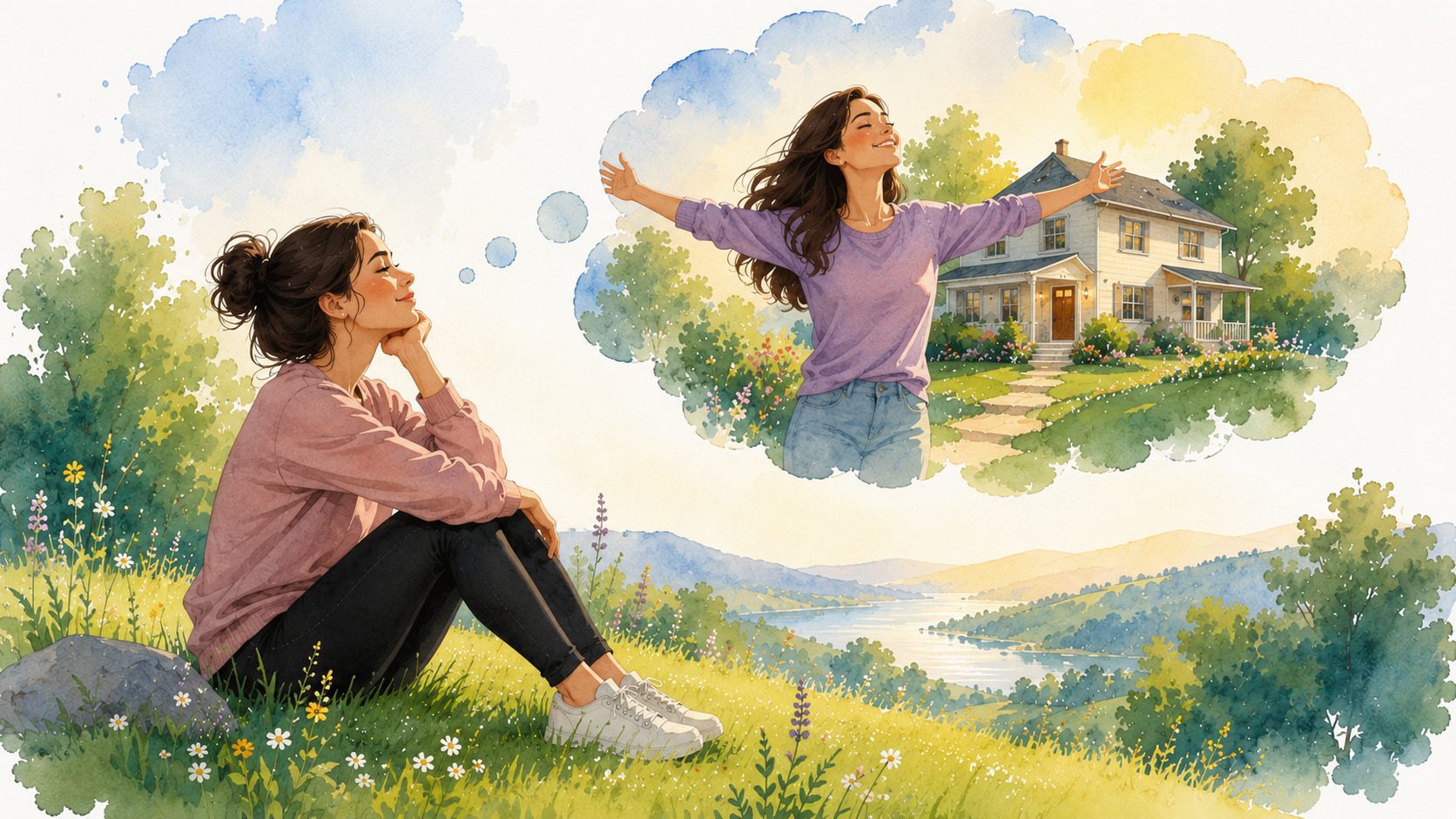 A woman sits on grass, thinking happily about owning a house, pictured in a thought bubble with her standing outside the home, arms outstretched representing How to manifest with the law of assumption