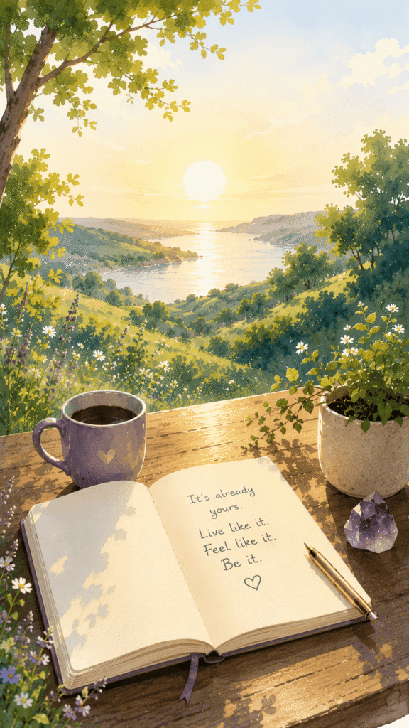 Open journal, pen, coffee mug, plant, and crystal on a wooden table outdoors at sunrise; a handwritten motivational message in the notebook offers inspiration on how to manifest with the law of assumption; river and hills visible in the background in reference to How To Manifest With The Law Of Assumption I