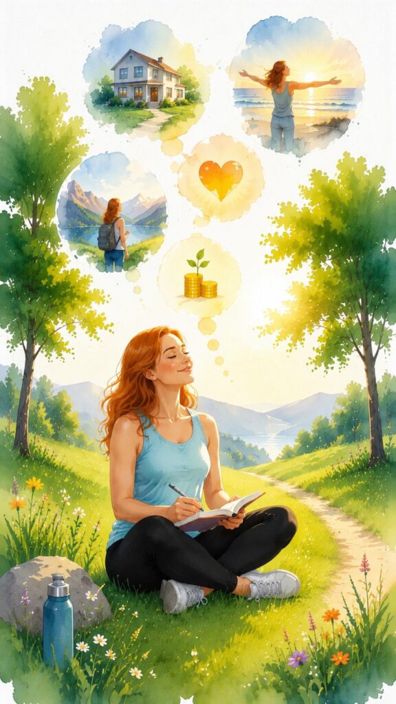 A woman sits on grass journaling, surrounded by trees, with thought bubbles showing a house, beach, mountains, a heart, and coins with a plant, symbolizing dreams and aspirations representing How to manifest with the law of assumption