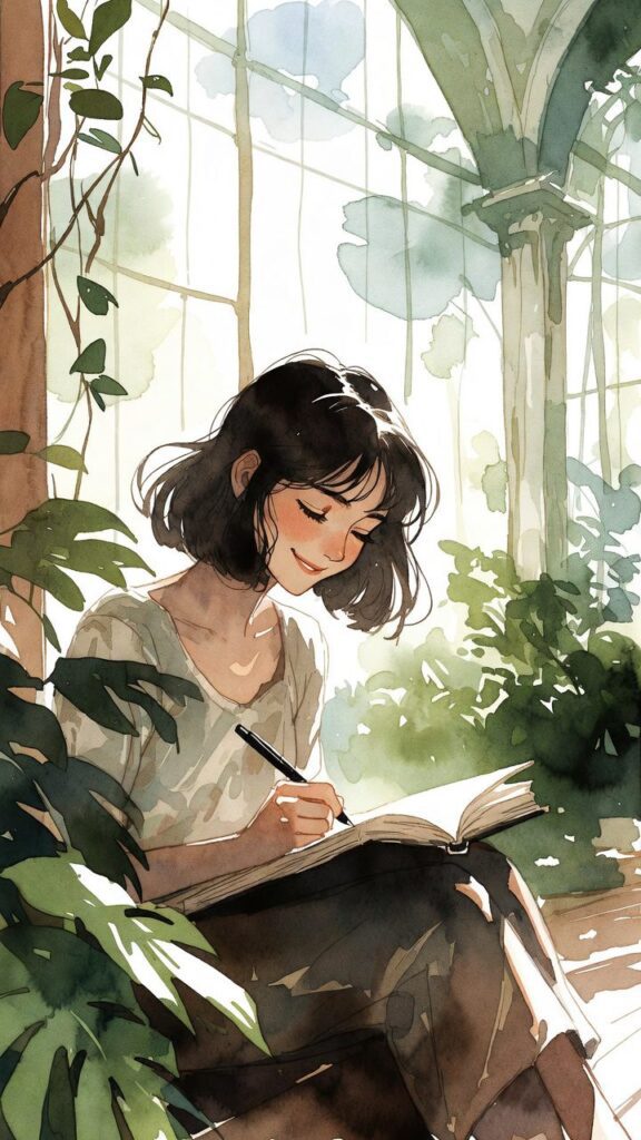 A young woman with short dark hair writes in a notebook while sitting among lush green plants in a sunlit indoor garden.