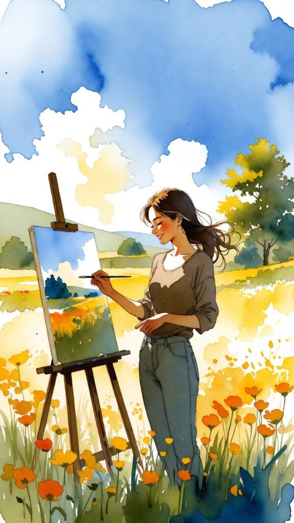 A woman stands in a field of yellow and orange flowers, painting a landscape on an easel outdoors under a blue sky with clouds.
