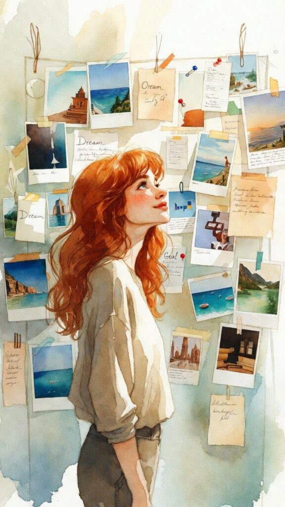 A woman with red hair stands in front of a wall covered with travel photos, postcards, and notes labeled "Dream" and "Goal.