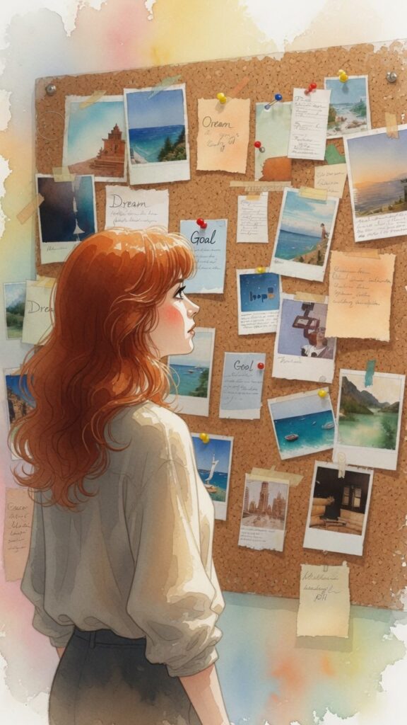 A woman with red hair stands in front of a corkboard filled with photos, notes, and papers related to travel, dreams, and goals.
