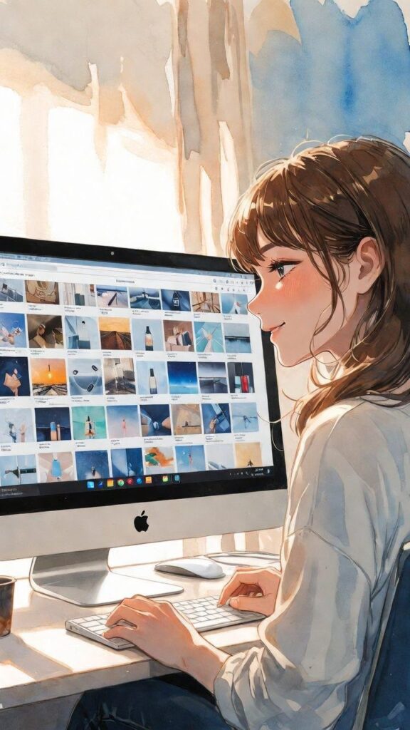 Anime-style illustration of a girl sitting at a desk using an iMac, browsing a photo gallery on the screen, with sunlight filtering through curtains behind her.
